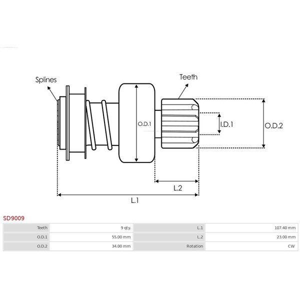 Frihjulsväxel, startmotor As-pl SD9009 AS-PL