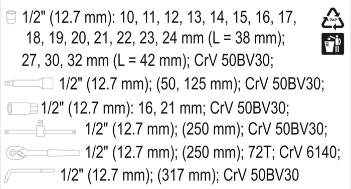Hylsnyckelsats 25pcs 1/2", Universal Yato YT-12671 Yato