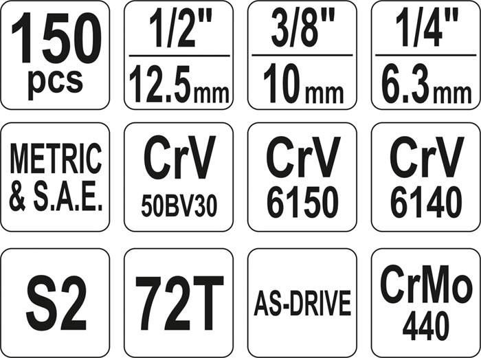 Hylsnyckelsats 150pcs 1/4", 3/8" & 1/2", Universal Yato YT-38811 Yato