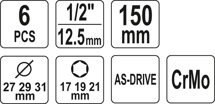 Lång Krafthylssats 1/2"- 15,17, 19, 21, 22 mm Yato YT-10563 Yato