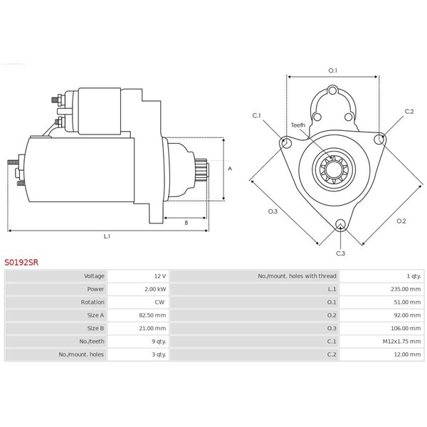 Startmotor 12V As-pl S0192SR AS-PL