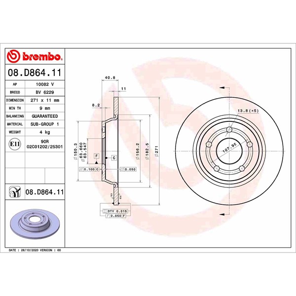 Bromsskiva Solid, Bakaxel Brembo 08.D864.11 BREMBO
