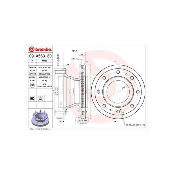 Bromsskiva Ventilerad, Bakaxel Brembo 09.A563.30 BREMBO