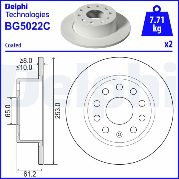 Bromsskiva Solid, Bakaxel Delphi BG5022C DELPHI