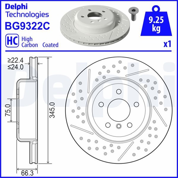 Bromsskiva Slitsad/hålad, Bakaxel Delphi BG9322C DELPHI Bromsskiva Slitsad/hålad, Bakaxel Delphi BG9322C DELPHI