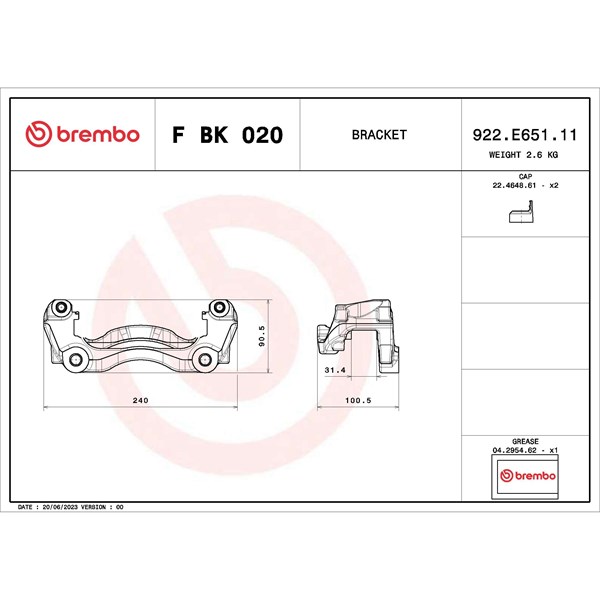 Monteringssats, bromsok, Framaxel, Höger, Vänster Brembo F BK 020 BREMBO