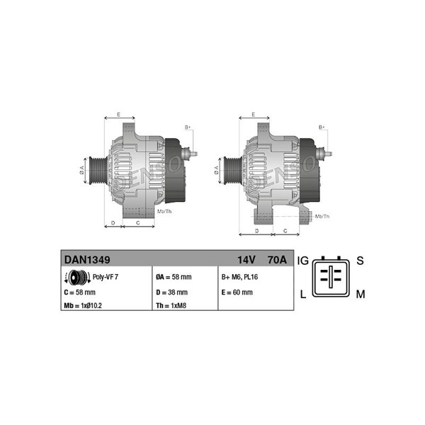 Generator 14V 70A Denso DAN1349 DENSO Generator 14V 70A Denso DAN1349 DENSO