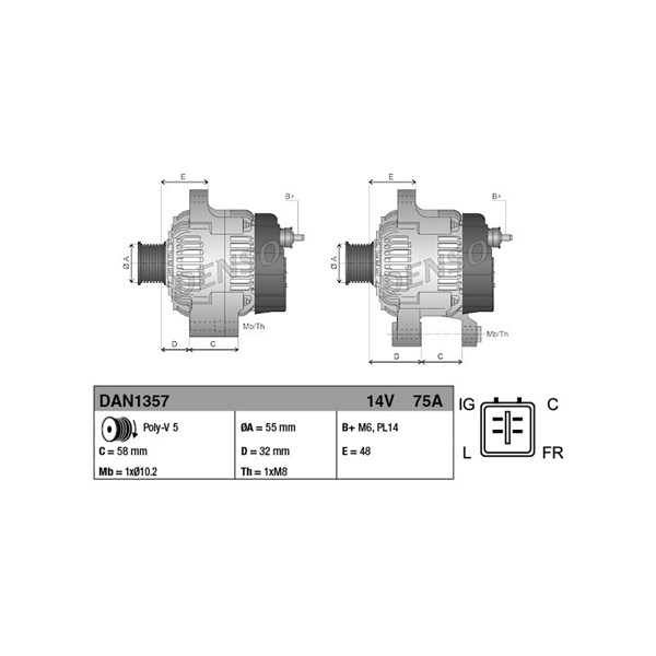 Generator 14V 75A Denso DAN1357 DENSO Generator 14V 75A Denso DAN1357 DENSO