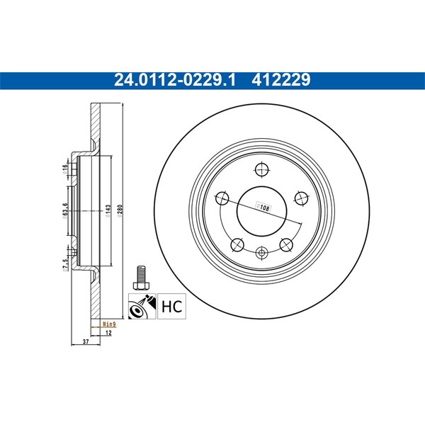 Bromsskiva Solid, Bakaxel Ate 24.0112-0229.1 ATE