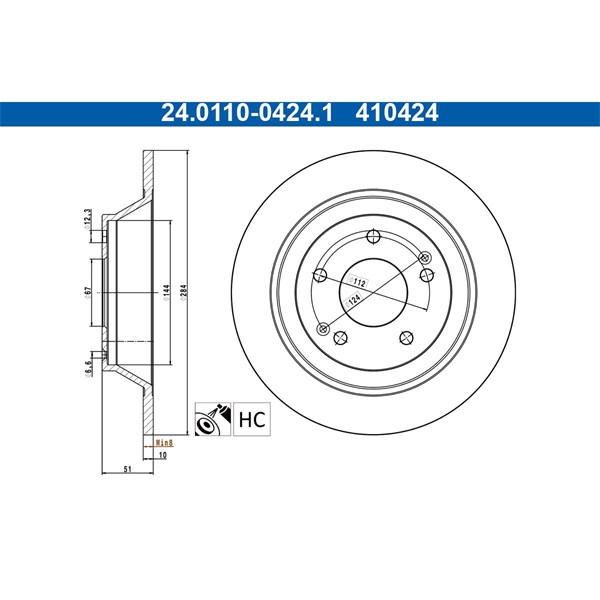 Bromsskiva Solid, Bakaxel Ate 24.0110-0424.1 ATE
