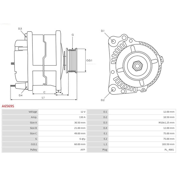 Generator 12V 130A As-pl A6569S AS-PL