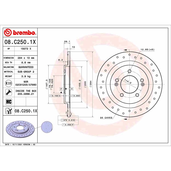 Bromsskiva Solid, Bakaxel Brembo 08.C250.1X BREMBO