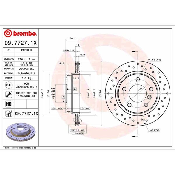 Bromsskiva Hålad/ventilerad, Bakaxel Brembo 09.7727.1X BREMBO