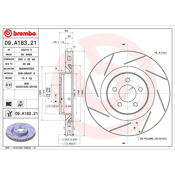 Bromsskiva Ventilerad, Framaxel Brembo 09.A183.21 BREMBO
