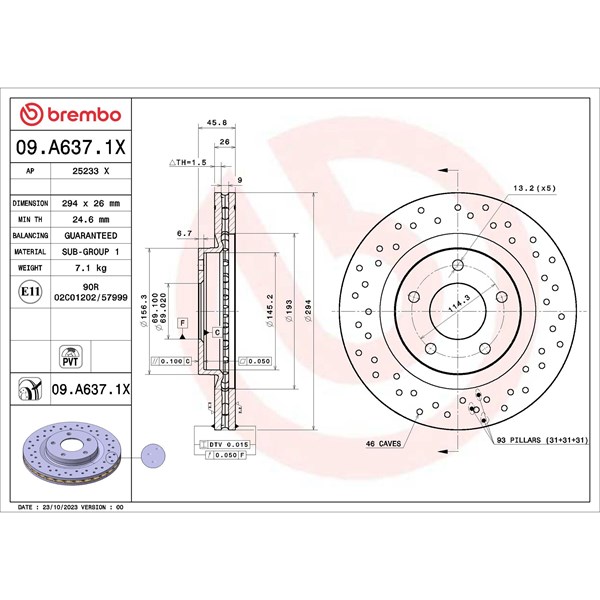 Bromsskiva Hålad/ventilerad, Framaxel Brembo 09.A637.1X BREMBO