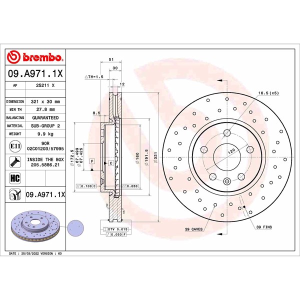 Bromsskiva Hålad/ventilerad, Framaxel Brembo 09.A971.1X BREMBO