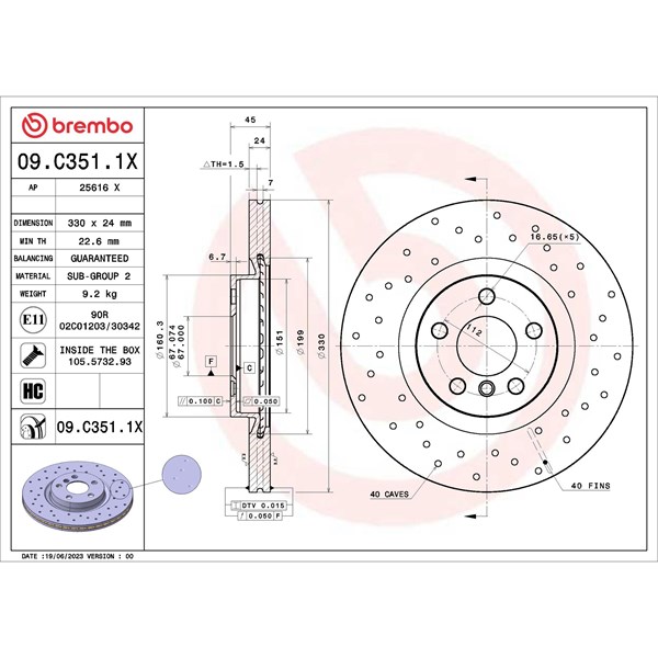 Bromsskiva Hålad/ventilerad, Framaxel Brembo 09.C351.1X BREMBO