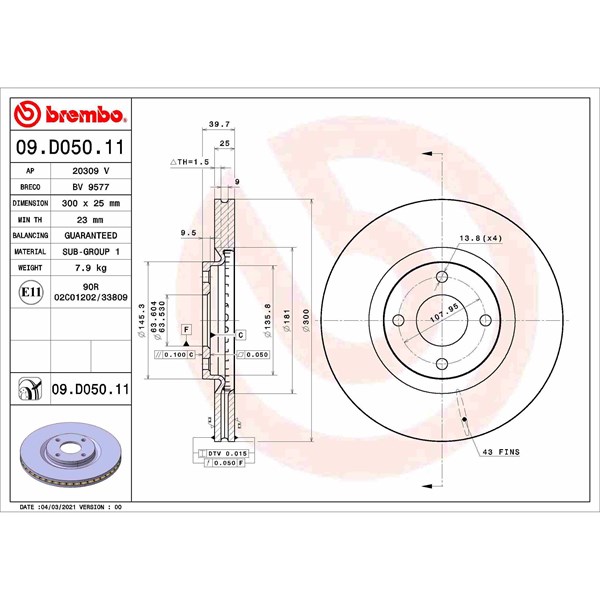 Bromsskiva Ventilerad, Framaxel Brembo 09.D050.11 BREMBO