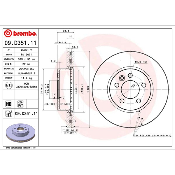 Bromsskiva Ventilerad, Framaxel Brembo 09.D351.11 BREMBO