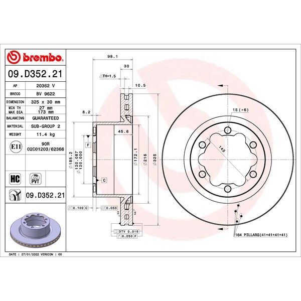 Bromsskiva Ventilerad, Bakaxel Brembo 09.D352.21 BREMBO