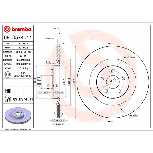 Bromsskiva Ventilerad, Framaxel Brembo 09.D574.11 BREMBO