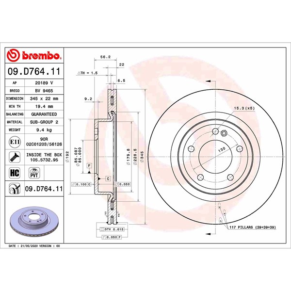 Bromsskiva Ventilerad, Bakaxel Brembo 09.D764.11 BREMBO