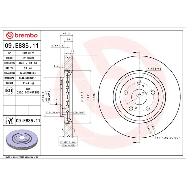 Bromsskiva Ventilerad, Framaxel Brembo 09.E835.11 BREMBO