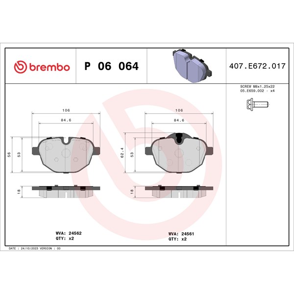 Bromsbeläggsats, Bakaxel Brembo P 06 064X BREMBO