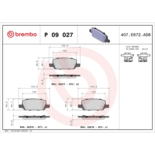 Bromsbeläggsats, Bakaxel Brembo P 09 027 BREMBO