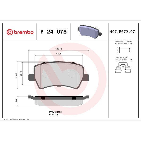 Bromsbeläggsats Ventilerad, Bakaxel Brembo P 24 078X BREMBO