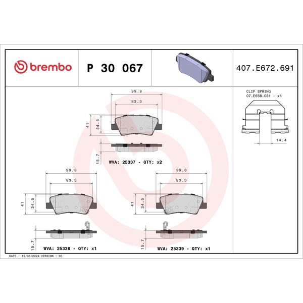 Bromsbeläggsats, Bakaxel Brembo P 30 067X BREMBO