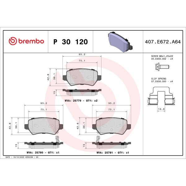Bromsbeläggsats, Bakaxel Brembo P 30 120 BREMBO