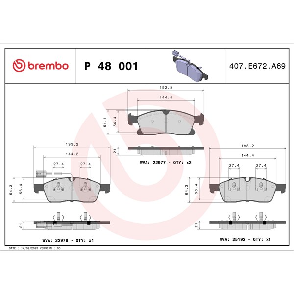 Bromsbeläggsats, Framaxel Brembo P 48 001 BREMBO