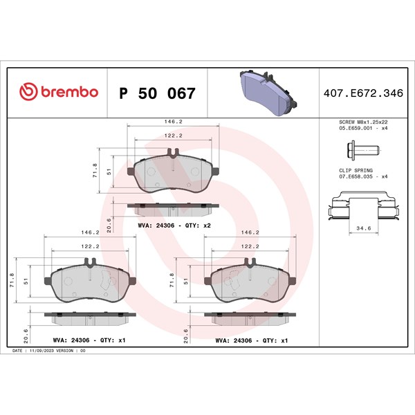 Bromsbeläggsats, Framaxel Brembo P 50 067X BREMBO