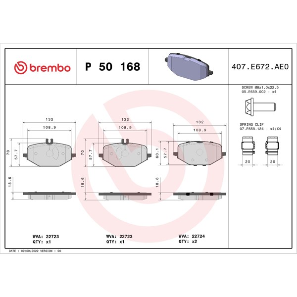 Bromsbeläggsats, Bakaxel Brembo P 50 168 BREMBO