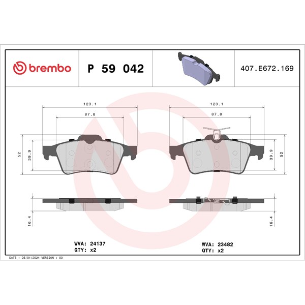 Bromsbeläggsats, Bakaxel Brembo P 59 042X BREMBO
