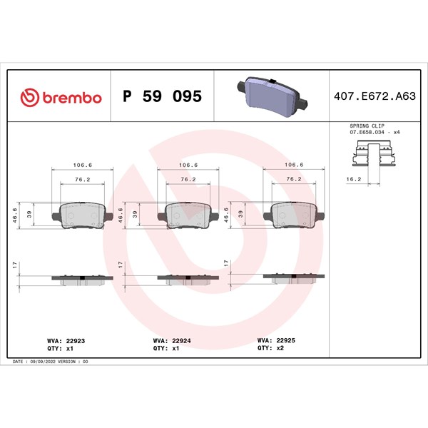 Bromsbeläggsats, Bakaxel Brembo P 59 095 BREMBO