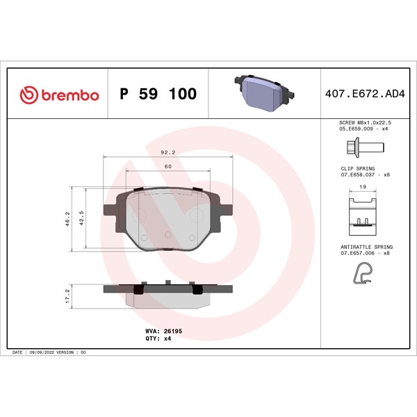 Bromsbeläggsats, Bakaxel Brembo P 59 100 BREMBO