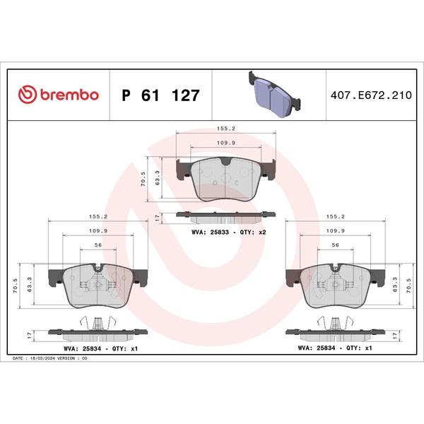 Bromsbeläggsats, Framaxel Brembo P 61 127X BREMBO
