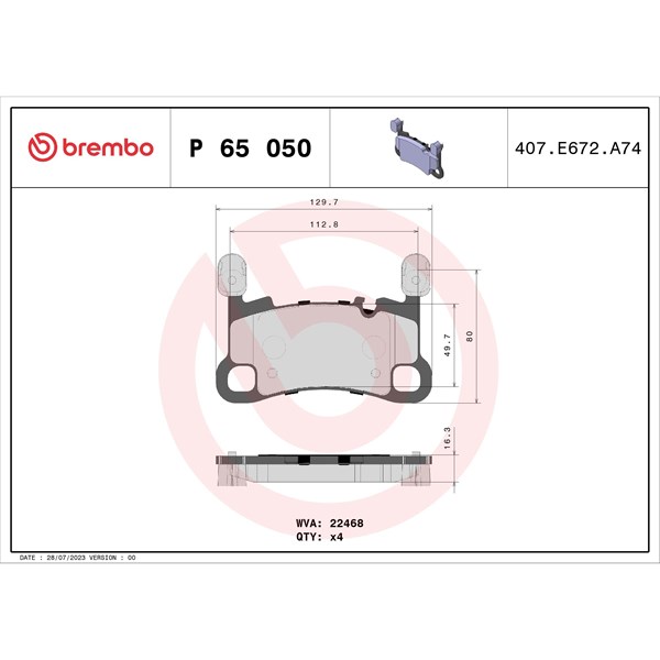 Bromsbeläggsats, Bakaxel Brembo P 65 050 BREMBO