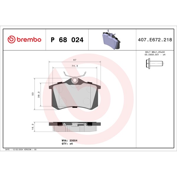 Bromsbeläggsats, Bakaxel Brembo P 68 024X BREMBO