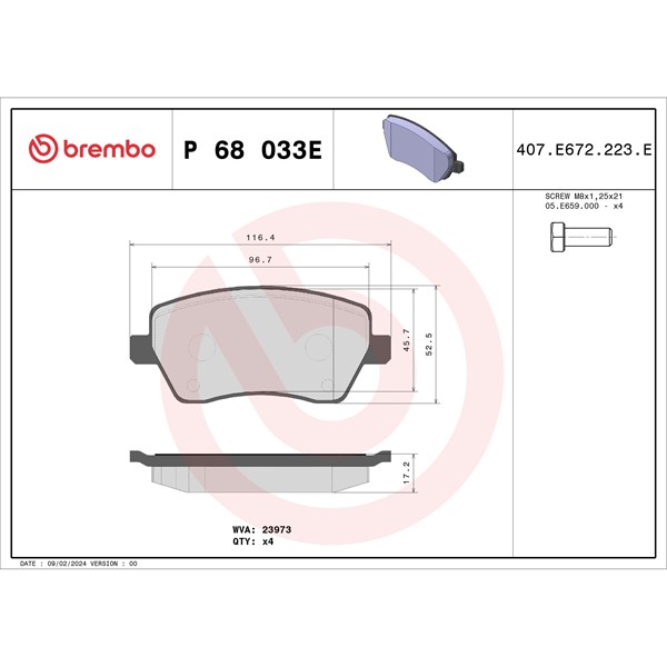 Bromsbeläggsats, Framaxel Brembo P 68 033E BREMBO