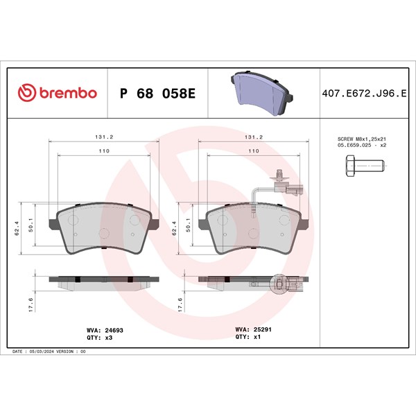 Bromsbeläggsats, Framaxel Brembo P 68 058E BREMBO