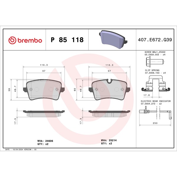 Bromsbeläggsats, Bakaxel Brembo P 85 118X BREMBO