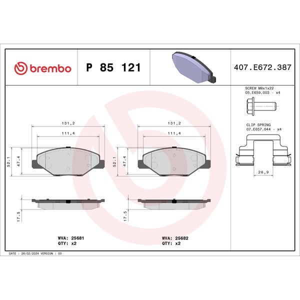 Bromsbeläggsats, Framaxel Brembo P 85 121X BREMBO