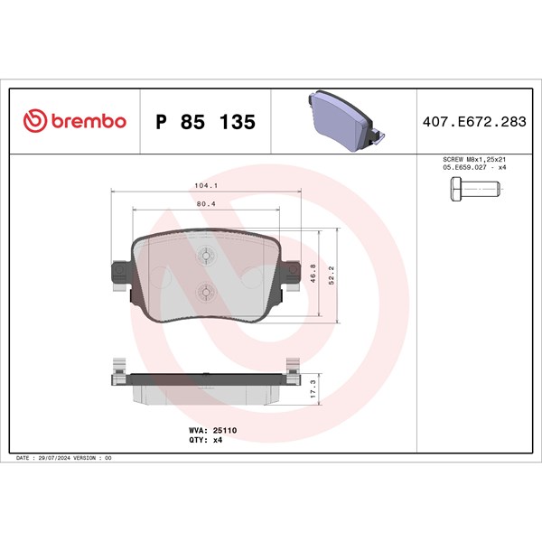 Bromsbeläggsats, Bakaxel Brembo P 85 135X BREMBO