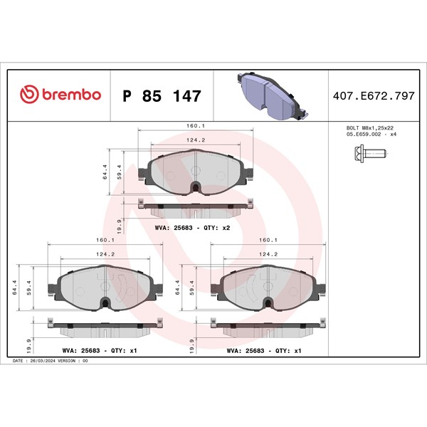 Bromsbeläggsats, Framaxel Brembo P 85 147X BREMBO
