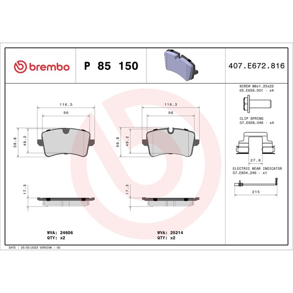 Bromsbeläggsats, Bakaxel Brembo P 85 150X BREMBO