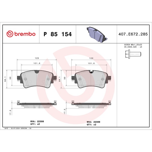 Bromsbeläggsats, Bakaxel Brembo P 85 154X BREMBO