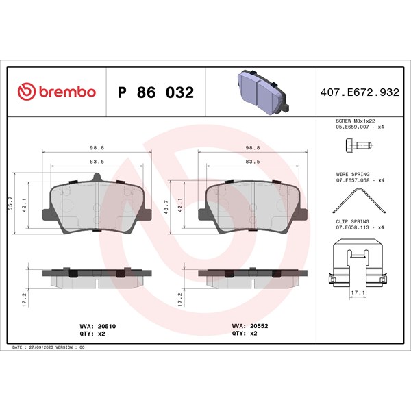 Bromsbeläggsats, Bakaxel Brembo P 86 032 BREMBO